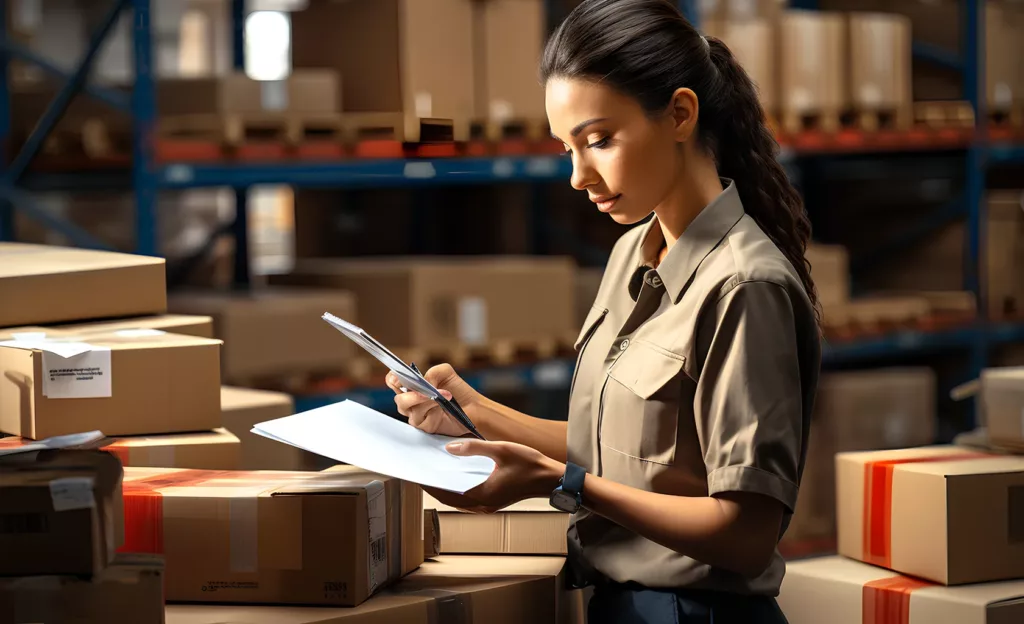 Woman using barcode scanner on parcel